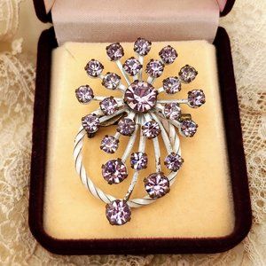 Vintage Starburst Brooch, Dusty Pink Rhinestones Pin, Sparkly Flower pin